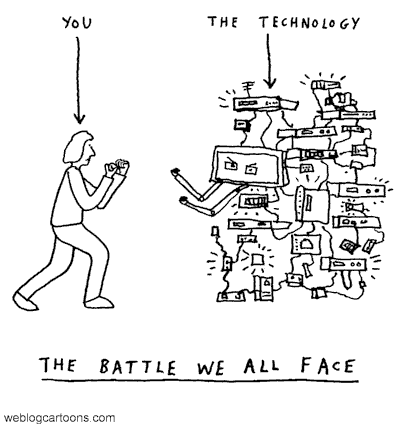 cartoon of single person facing a wall of technology